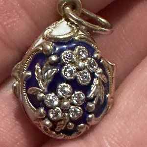 Russian Silver White & Blue Enamel Diamond Rococo style Diamond Egg Pendant